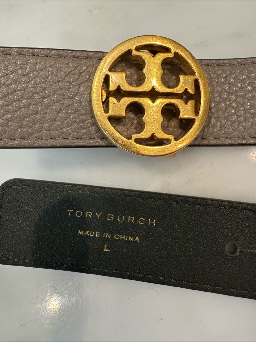 Authentic Tory Burch Taupe Leather Belt with Gold Logo Buckle - Picture 2 of 2